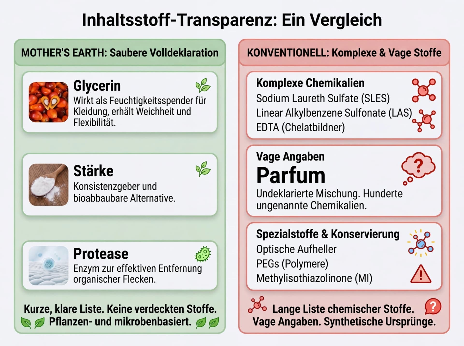 Inhaltsstoffvergleich: Mother's Earth vs. herkömmliches Waschmittel