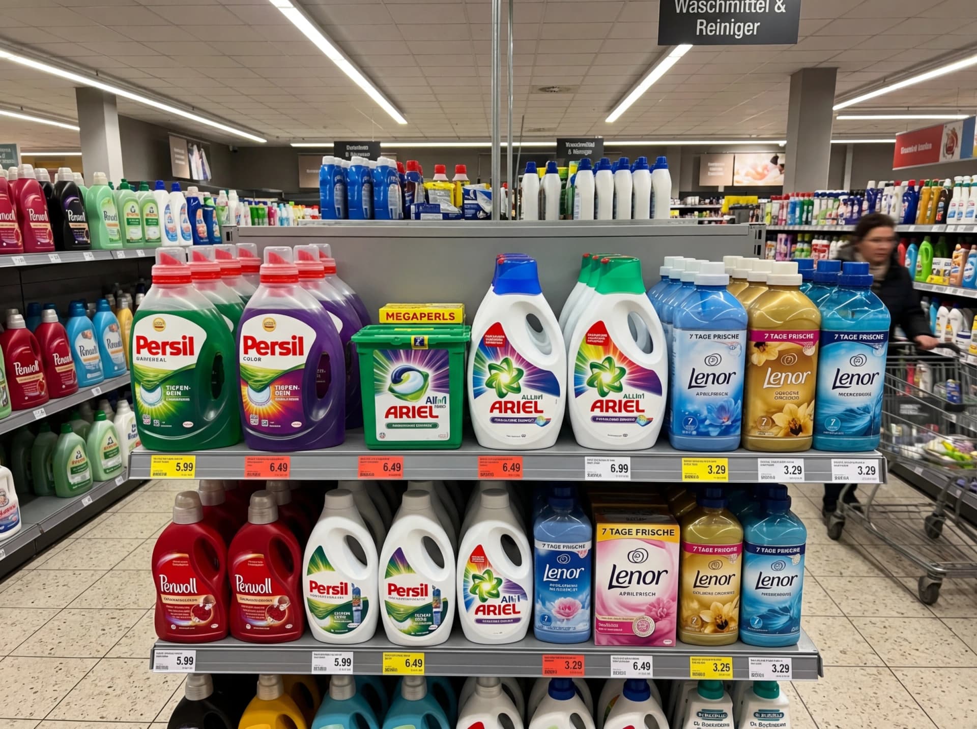 Waschmittel im Supermarkt - Persil, Ariel, Lenor